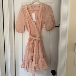 Veronica Beard Peach Tiered V-Neck Tie-Waist Mini Dress